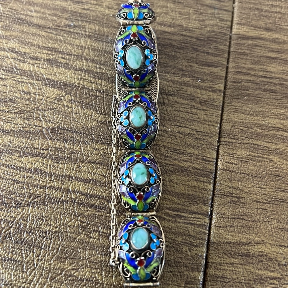 Vintage jade and enamel filigree bracelet sterling silver